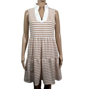 Nautica Dress Knit Nautical Sleeveless Tiered Almond Ivory Striped Size Small